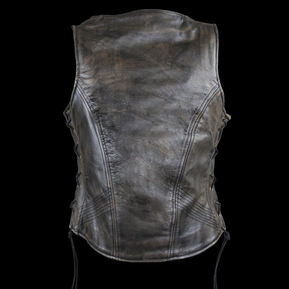 Ladies Distressed Leather Brown Vest "High Mileage" with Side Laces - Picture 2 of 5